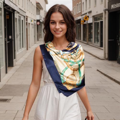RIIQIICHY Head Scarf for Women Like Silk Scarf Hair Scarf Printed Square Scarf Bandanas for Women 35 Inches - color: Navy/Yellow/Gold/Green/Blue
