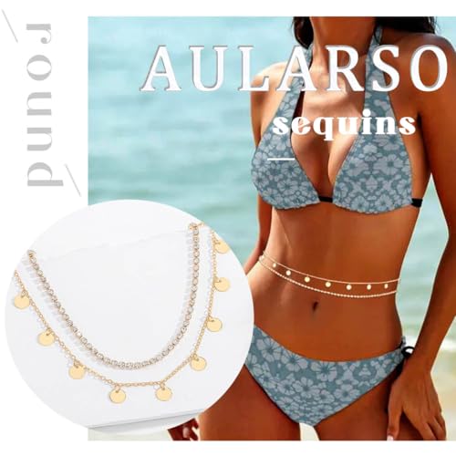 Body Chain Gold Waist Chains for Women Belly Layered Beach Waist Chains Adjustable Sexy Bikini Boho Chain - style: sequins round