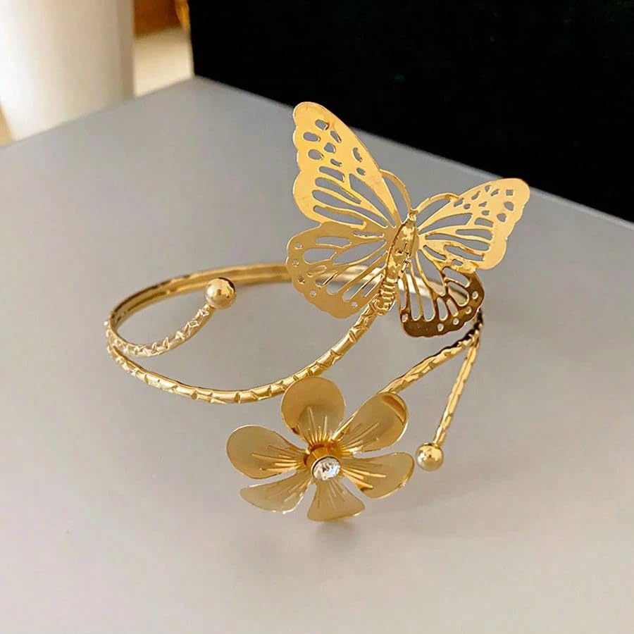 Gold Arm Cuff Bracelet Adjustable Upper Arm Cuff Bangle Butterfly Flower Bracelet Summer Beach Essentials Jewelry for Wome - style: flower+butterfly
