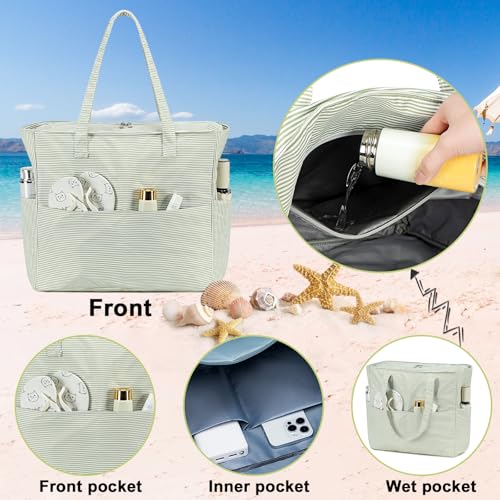 Bluboon Waterproof Beach Tote Pool Bags for Women Ladies Extra Large Carry On Bag With Wet Compartment for Weekender Travel - color: Grass Green White Grid Stripes