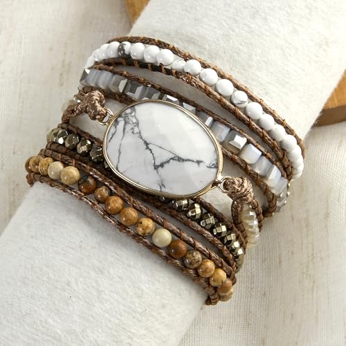 Women Wrap Bracelet Boho Natural Jasper Crystal Stone Beads Strand Bracelets - color: White Turquoise
