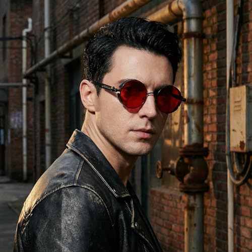 FEISEDY Retro Gothic Steampunk Sunglasses Round Metal Frame Punk Circle Inspired Shade Men B1857 - color: Black/Red