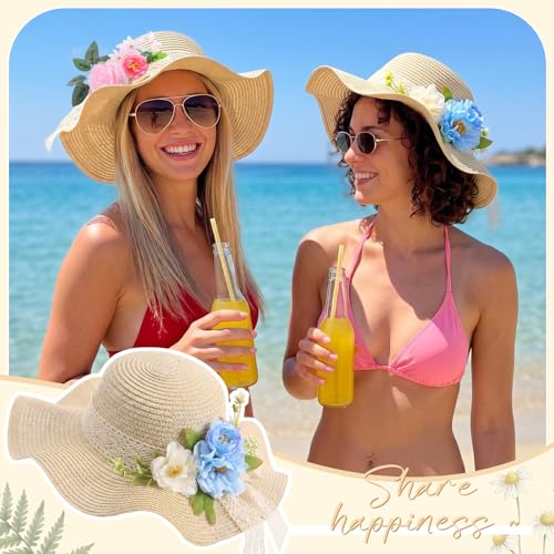 6 Sets DIY Tea Party Straw Hats Kit DIY Straw Hat for Women Blank Sun Hats - style: Wildflower Meadow