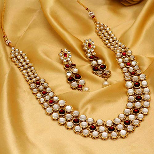 Aheli Indian Bollywood Style Wedding Faux Kundan Necklace with Earrings Set Ethnic Bharatanatyam jewellery set Gift for Women - color: Maroon & White