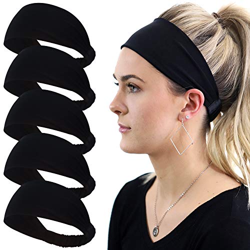 5 Pack Wide Headbands for Women, Sweat-Absorbing Sport Sweatbands, Soft Elastic Yoga Hairbands, Comfortable Hair Bands for Fitness Workout Travel Exercise - color: 5-Pure Black