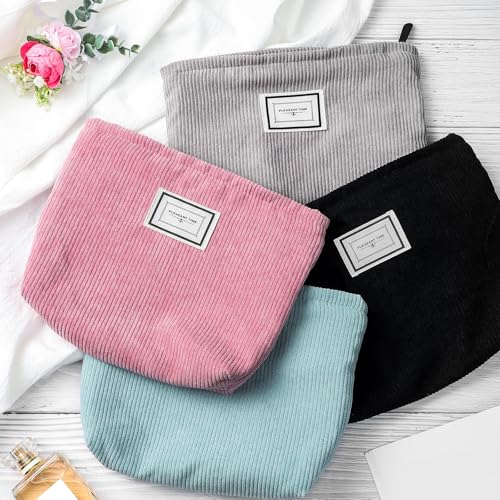 Sanwuta 4 Pack Velvet Makeup Bag Cosmetic Bag for Women Large Capacity Corduroy Pouch Zipper Canvas Travel Toiletry Purse Make up Organizer Case Accessories(Classic Color,Plaid) - color: Classic Color