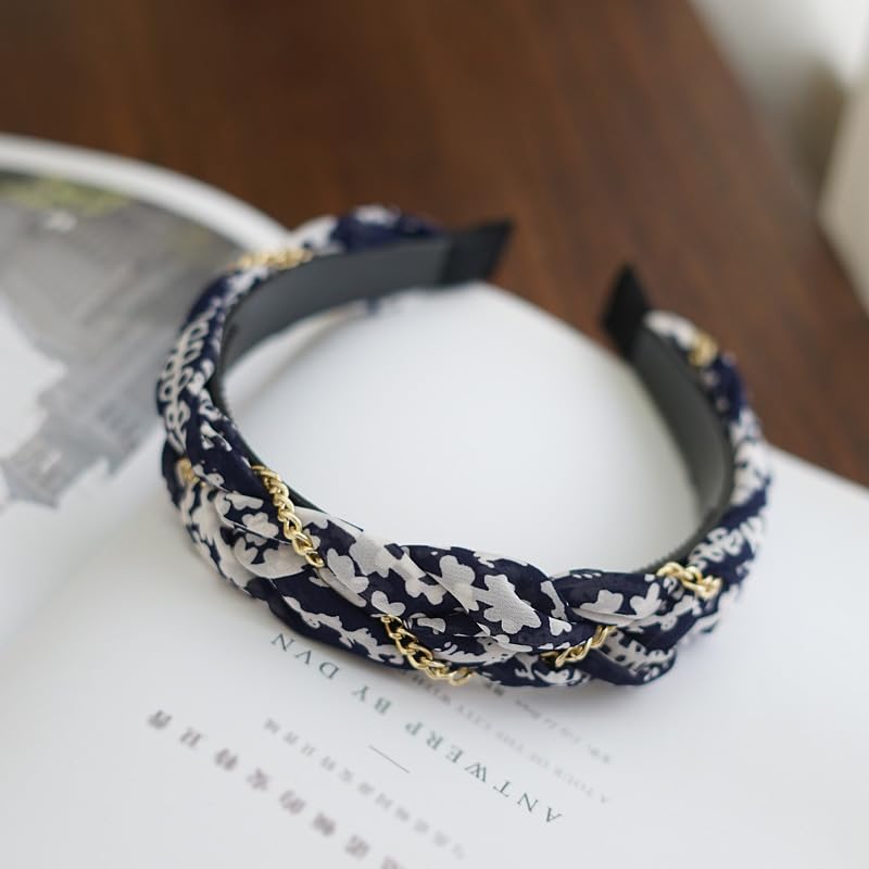 Braided Headband for Women-Vintage Fabric High Crown Headband with Non-Slip Teeth, Cute Boho Knotted Hair Band for Women & Teens (17-Blue&White, One Size) - color: 17-Blue&White