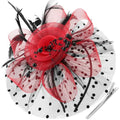DRESHOW Fascinators Hat Flower Mesh Ribbons Feathers on a Headband and a Clip Tea Party Headwear for Girls and Women - color: 7" Diameter / Black & Red