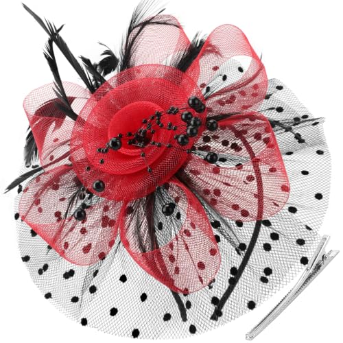 DRESHOW Fascinators Hat Flower Mesh Ribbons Feathers on a Headband and a Clip Tea Party Headwear for Girls and Women - color: 7" Diameter / Black & Red