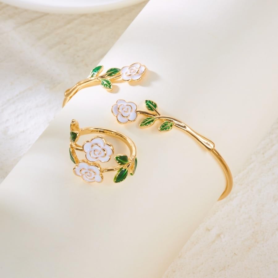 Caiyao 2Pcs Adjustable Sunflower Open Cuff Bangle Bracelets Ring Gold Tone Enamel Daisy Flower Floral Upper Arm Armband Bracelet for Women Boho Summer Inspired Floral Jewelry Gifts - style: StyleC