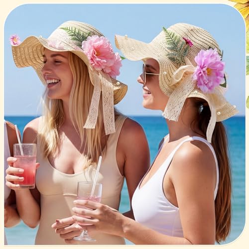 6 Sets DIY Tea Party Straw Hats Kit DIY Straw Hat for Women Blank Sun Hats - style: Boho Ribbon