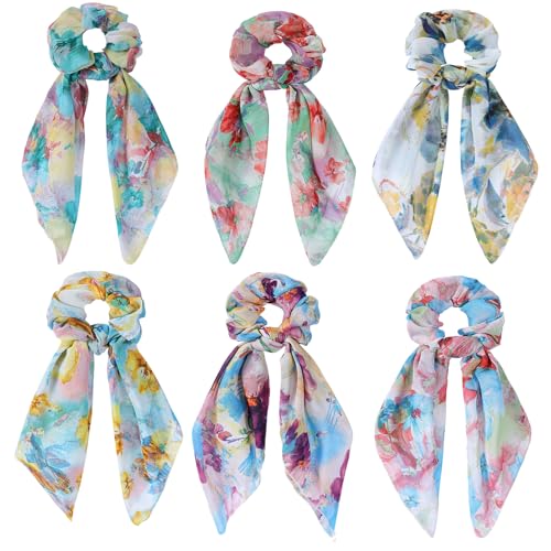 Floral Scarf Scrunchie,6PCS Tie Dye Bow Scrunchies | Hair Scarves,Scarf Hair Ties,Scrunchie with Tails,Bandana Scrunchies,Scarf Ponytail,Hair Accessories for Women,2 in 1 - color: tie dye flower