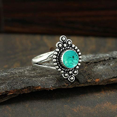 Round Shape Natural Gemstone Vintage Style Handmade Rings for Women - 925 Silver Overlay Handmade Birthstone Ring Jewelry Gift for Her Mom Wife Sister - color: Turquoise
