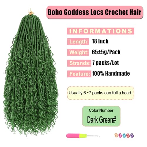 Goddess Locs Crochet Hair 7 Packs Bohemian Faux Locs Pre-Looped Braids, Boho Goddess Soft Locs Crochet Hair with Curly Ends Hair Extensions for Women (Dark Green#, 18Inch) - color: Dark Green#, size: 18 Inch
