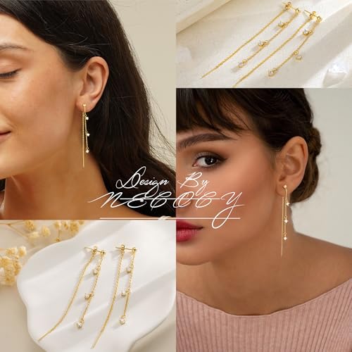 NECOCY Gold Dangle Earrings for Women Non Tarnish 14K Gold Plated Drop Wedding Hypallergenic Earring Dainty Long Hanging Chain CZ Pearl Threader Earrings Trendy Silver Plated Jewelry for Women - style: Gold&Style15