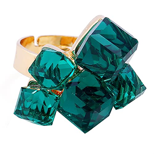 Hebelee Boho Square Crystal Statement Ring for Women Gold-Toned Adjustable Expandable Promise Engagement Geometric Rings Comfort Fit Elegant Art Deco Birthday Christmas Cocktail Party Y2K Jewelry - color: Green