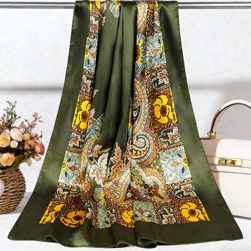 Pistha Head Scarf Bandana for Women, Satin Scarf for Hair, Large Square Silk Bandana Headscarf for Women and Men 35 Inch - style: Classic-green