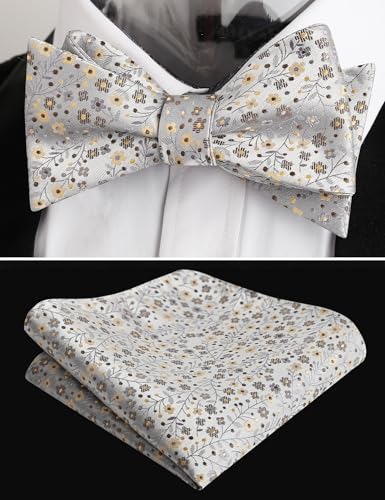 Alizeal Mens 2pcs Classic Floral Pattern Self-tied Bow Tie and Handkerchief Set - color: 045-gray+khaki+brown