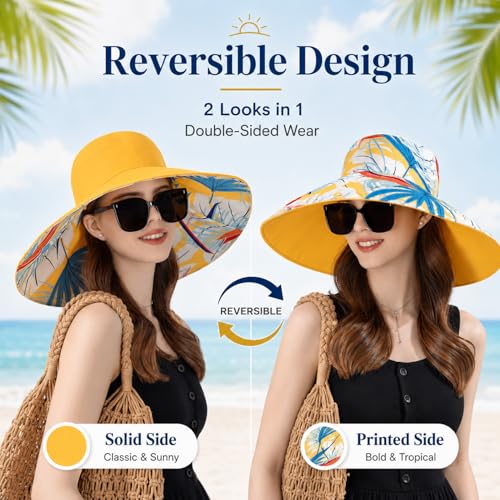 HUAMULAN Women Summer Sun Hat Wide Brim Wired Edge Floral Beach Bucket Hats Reversible Foldable Travel UV Protection Lady Hat - color: Bg8240-yellow