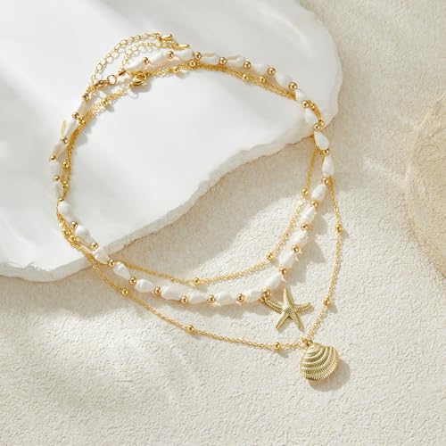 Seashell Starfish Necklace for Women Conch Shell Summer Pearl Beach 14k Gold Layered Dainty Choker - style: 3 Layered Necklace