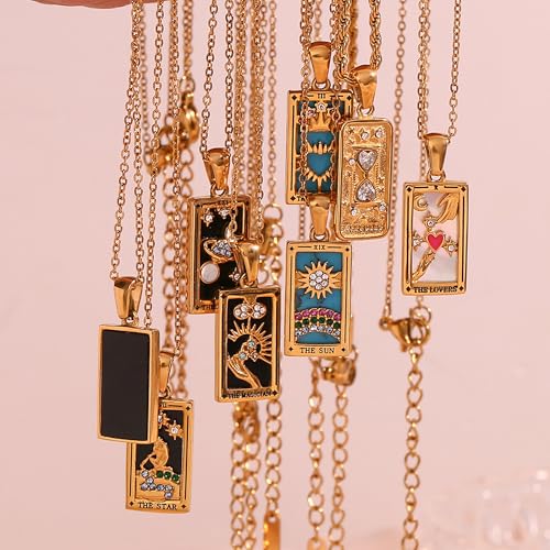 Gold Tarot Card Necklace for Women Men, Non Tarnish 18K Gold Plated Vintage Lucky Charm Square Pendant Talisman Amulet Necklaces Unisex Jewelry - style: The Star