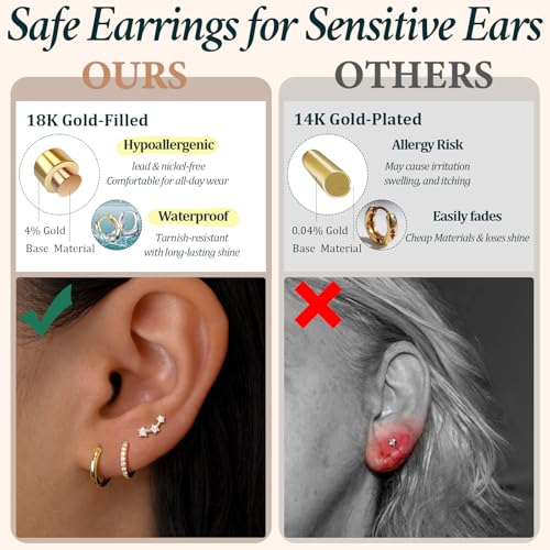 Poxtex Small Sterling Silver Huggie Hoop Earrings Set for Women, Hypoallergenic 14K Gold Plated Hoops Stacks for Multiple Piercings, Dainty Cute Mini Lightweight Cartilage Studs Trendy Jewelry Gift - color: Gold-climber