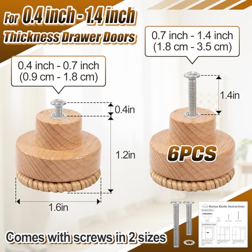 ANPHSIN Boho Rattan Cabinet Dresser Knobs- Durable Beech Wood Drawer Knobs, Decorative Handmade Wicker Woven Pulls Handles with 12 Screws for Home Furniture - style: Round Rattan (6 pcs)