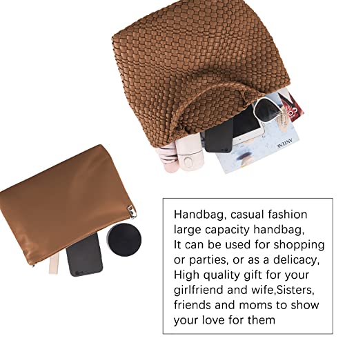 Hand Woven Bag Tote BagS For Women Top Handle Shoulder Vegan Leather Large Travel Beach Hobo Handbag - color: Brown-a