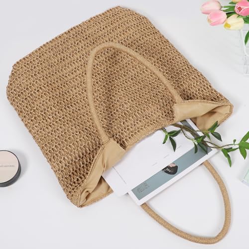 WantGor Straw Beach Bags, Women Summer Woven Tote Bag Large Boho Shoulder Handbags Casual Travel Beach Bag Foldable Hobo Bags - color: Khaki