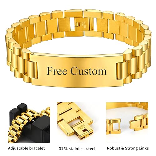 Custom Mens Bracelet Personalized Watch Band Engraved Name Bracelets for Men Customized ID Cuff Wristband Gift for Dad Husband - style: Gold - 1.0cm
