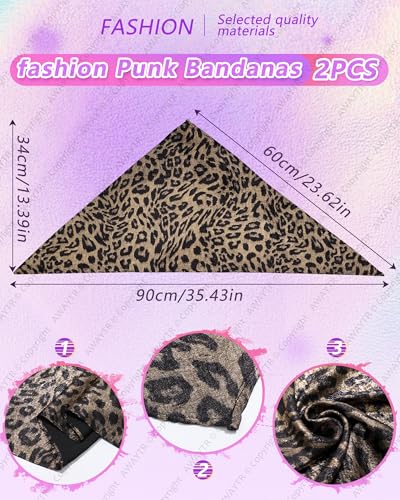 AWAYTR Y2K Hair Bandanas for Women Hair - 2Pcs Punk Head Wraps for Girls Hair Scarf Grunge Disco Head Cover - color: Leopard (White/Gold)