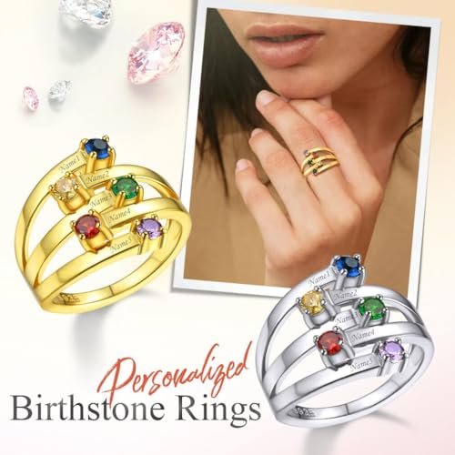 Custom4U Personalized 1-4 Birthstone Rings for Women Promise Rings for Her Sterling Silver Mothers Ring Customized Cubic Zirconia Stones Wedding/Valentine's Day/Mother's Day Jewelry Gift for Mom Wife - color: B-5 Names-Gold