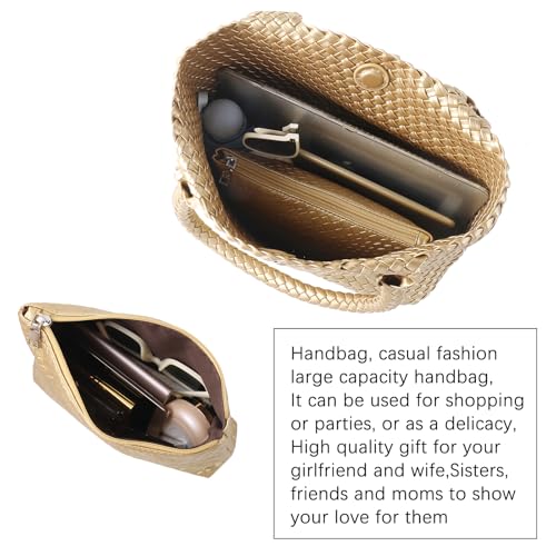 Hand Woven Bag Tote BagS For Women Top Handle Shoulder Vegan Leather Large Travel Beach Hobo Handbag - color: Gold