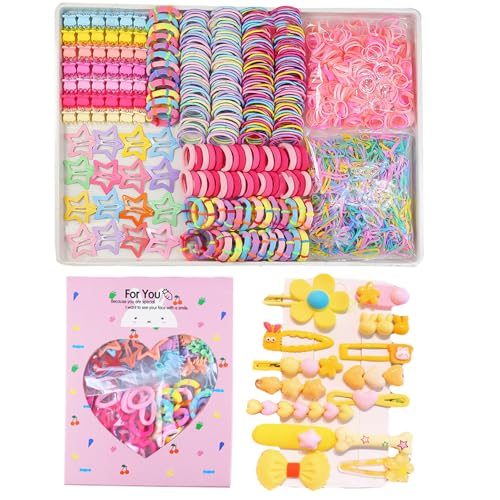 889 pcs Elastic Hair Ties for Girls Hair Accessories Ponytail Holders Colorful Rubber Bands Set with 14 pcs Cute Hair Clip - color: Yellow