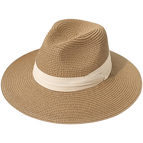 Lanzom Women Wide Brim Straw Panama Roll up Hat Fedora Beach Sun Hat UPF50+ - color: Beige/Brown, size: One Size-Small