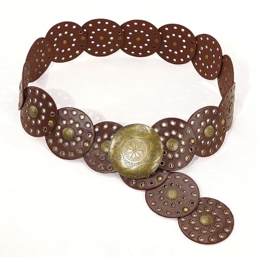 Wide Disc Belt for Women Vintage Leather Hollow Out Round Belt Western Waist Belt - color: Copper Brown, size: L (53.1 in)