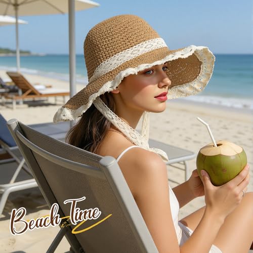 Beach Hats for Women - Beach Hat Womens UPF 50+, Packable Sun Hat Women Roll Up, Wide Brim Straw Hat for Women - color: Khaki Sun Hat