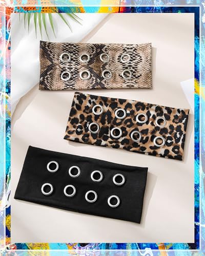 AWAYTR Women Hollow Out Eyelet Elastic Headband Y2K Wide Grommet Hairband Punk Grunge Wide Band for Girls (Snakeskin pattern/Brown Leopard/Black, One size) - color: Snakeskin pattern/Brown Leopard/Black