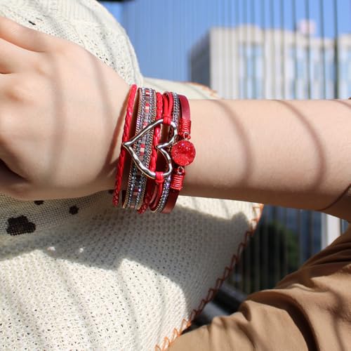 Womens Multi Layer Heart Leather Wrap Bracelet Boho Stackable Cuff Bangle Magnetic Clasp Crystal Birthday Valentine Gift - color: Red