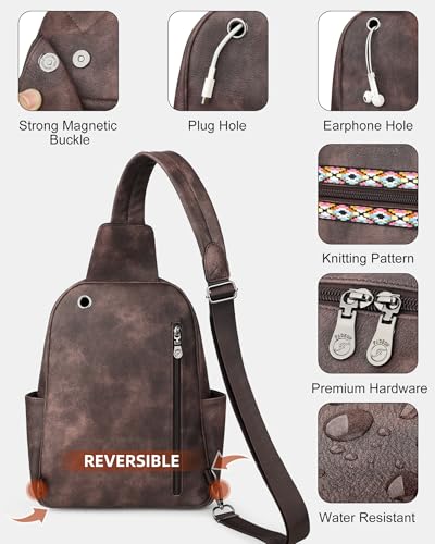 FADEON Large Sling Bag for Women, Leather Crossbody Purse Designer Anti Theft Sling Backpack, RFID Fanny Packs for Travel - color: Coffee Brown Retro Style