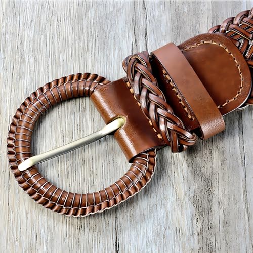 Women Wide Braided Leather Belt 1.6 inch Ladies Soft Woven Waistband with Buckle - color: Brown