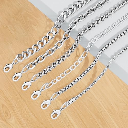 6PCS Stainless Steel Bracelets for Men Women, Silver Gold Black Cuban Link Rope Box Wheat Chain Paperclip Figaro Jewelry Set, 7/8/9 Inches - color: Silver, size: 8 inches