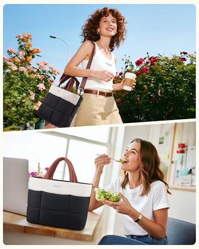 LOVEVOOK Small Tote Bags for Women, Puffer Purse and Handbags, Mini Crossbody Puffy Top Handle Shoulder Satchel Bag - color: Black-beige-brown, size: 11.5 Inch