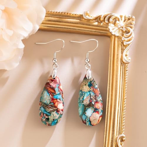 Stone Drop Earrings for Women Earrings Teardrop Jasper Stone Dangle Earrings - color: Blue&Red-Silvery Hook