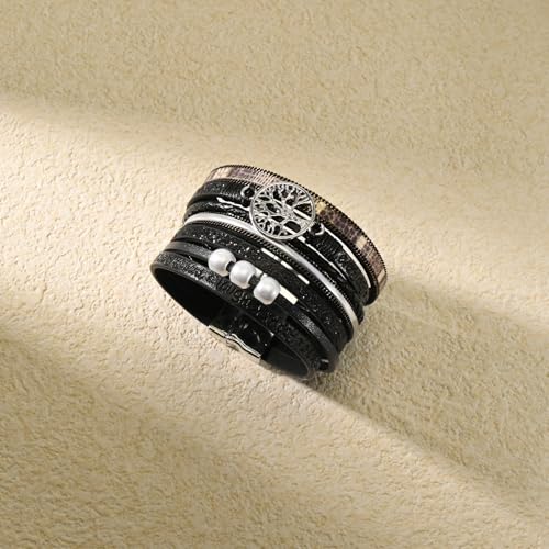 VIBILIA Boho Leather Wrap Bracelets for Women Multi-Layer Bracelets with Strong Clasp Jewelry for Women - color: 05-Tree of Life-Black