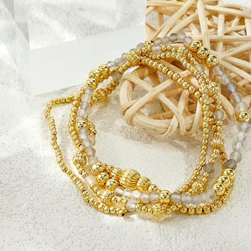 Dainty 14K Gold Lantern Beaded Bracelets Stack for Women,4PCS Colorful Glass Beads Stretch Stackable Bracelets Set Fashion Prom Jewelry Gift Friendship - color: White