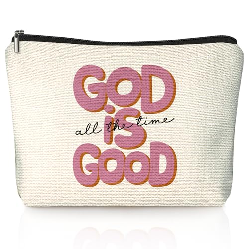 Pink Christian Makeup Bag, Bible Verse Preppy Pink Cosmetic Bag for Women, Christian Gifts for Women, God Is Good Religious Scripture Small Toiletry Bags Zipper Makeup Pouch - color: 00-Bible(God Is Good)