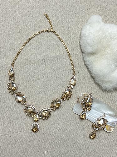 Women Jewelry Set Rhinestone Crystal Bride Statement Choker Necklace Teardrop Cluster Dangle Earrings Set for Wedding Prom Party - color: champagne