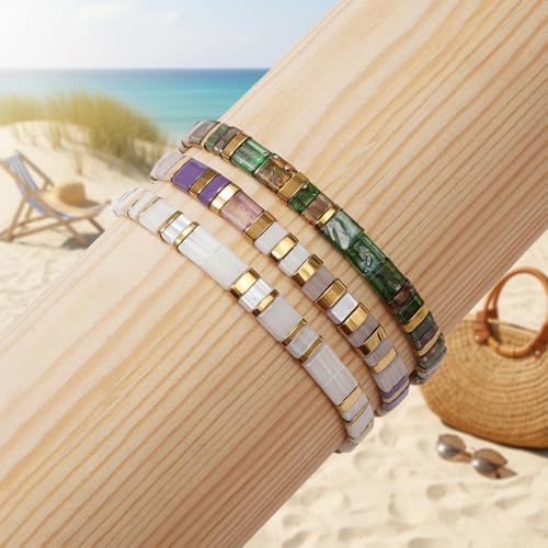 Tila Flat Square Stack Beaded Bracelets Set for Women Men, Boho 3Pcs Romantic Handmade Healing Gold Colorful Stretch Accessories Jewelry, Daily Vacation Party Holiday Friendship Gift - color: Purple White Green