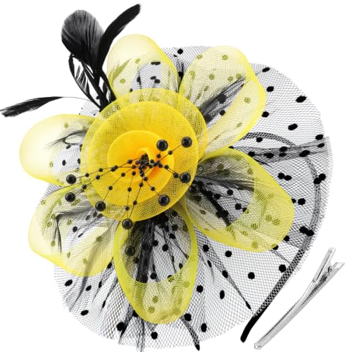 DRESHOW Fascinators Hat Flower Mesh Ribbons Feathers on a Headband and a Clip Tea Party Headwear for Girls and Women - color: 7" Diameter / Black & Yellow